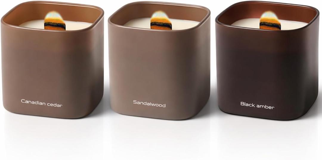 Set of 3 Premium Scented Soy Candles Gift Set | Dusk to Dawn Collection - Canadian Cedar, Black Amber & Sandalwood | Crackling Wood Wick | Luxury Candles for Relaxation, Home Dcor, Gifts | 9.8oz Each