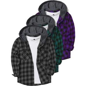 Flannel Hoodie for Men Shirts Button Down Plaid Lightweight Jackets for Men Long Sleeve Stylish Casual with Pocket (Large, Grey/Green/Purple)