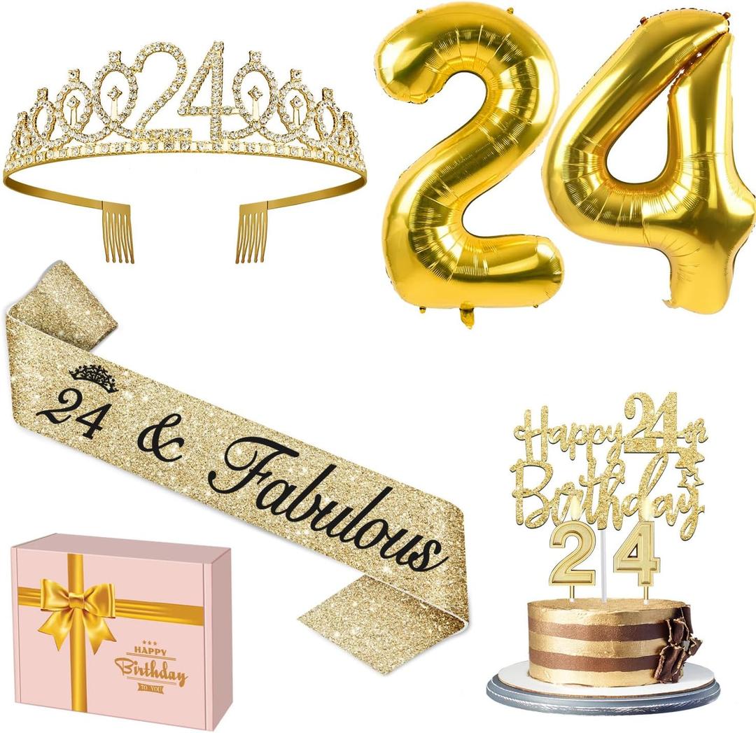 24th Birthday Decorations for Women Gold with 24th Birthday Sash and Tiara, Cake Topper and Candles, Number Balloons Gold, 24 Year Old Gifts for Women