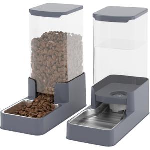 Stainless Steel Cat Feeder and Water Dispenser,Gravity Waterer & Food Feeder Set with Stainless Steel,Large Capacity Pet Food Bowl for Small Medium Dog Pets Puppy Kitten(Grey,1 Gallon)