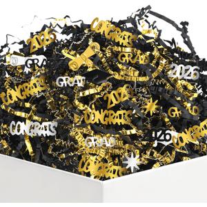 Graduation Crinkle Cut Paper Shred, 115g/4.1oz Black Gold Shredded Paper with Confetti Stuffing for Gift Wrapping Boxes Graduation Party Decorations Gift Basket Packaging Supplies