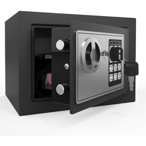 Goldenkey Small Safe with Keys&Code for Money Cash and Coin, Digital Mini Kids Safe Bank for Home, 6.69"D x 9.05"W x 6.69"H, 0.3 Cu.Ft. (Black-Classic)
