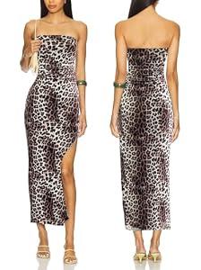 ALENDA DANMOS Womens Strapless Printed Midi Dress with Slit Floral Mesh Tube Top Dresses Ruched Bodycon Party Club Dress 333(X-Small,Leopard)
