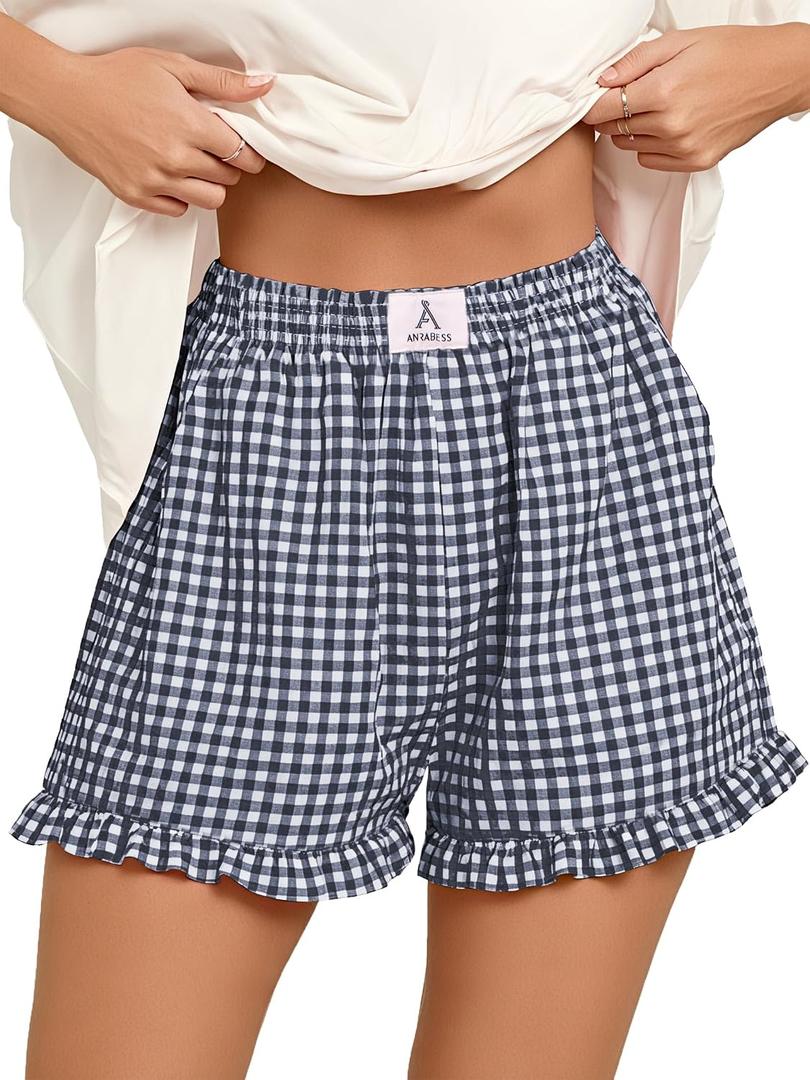 ANRABESS Boxer Shorts for Women,Gingham Plaid Elastic Waist Ruffle,Perfect for Lounge,Pajama&Sleep,Cute Casual Summer Bottoms (XL)