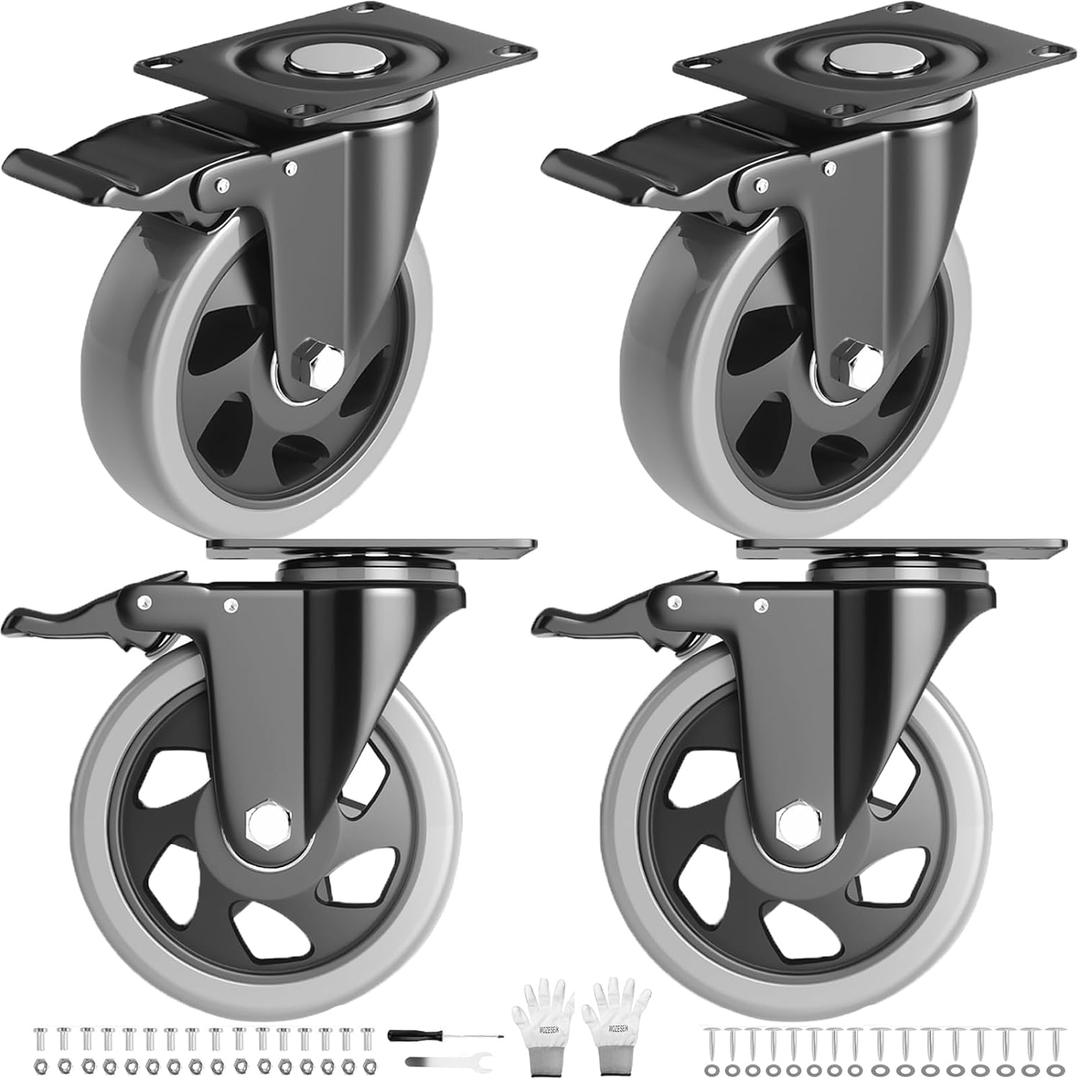 4 Inch Caster Wheels Heavy Duty 2200Lbs, Casters Set of 4 with Safety Dual Locking, Swivel Industrial Plate Casters, No Noise Wheels for Cart, Furniture(Bonus of 2 Hardware Kits & Gloves)