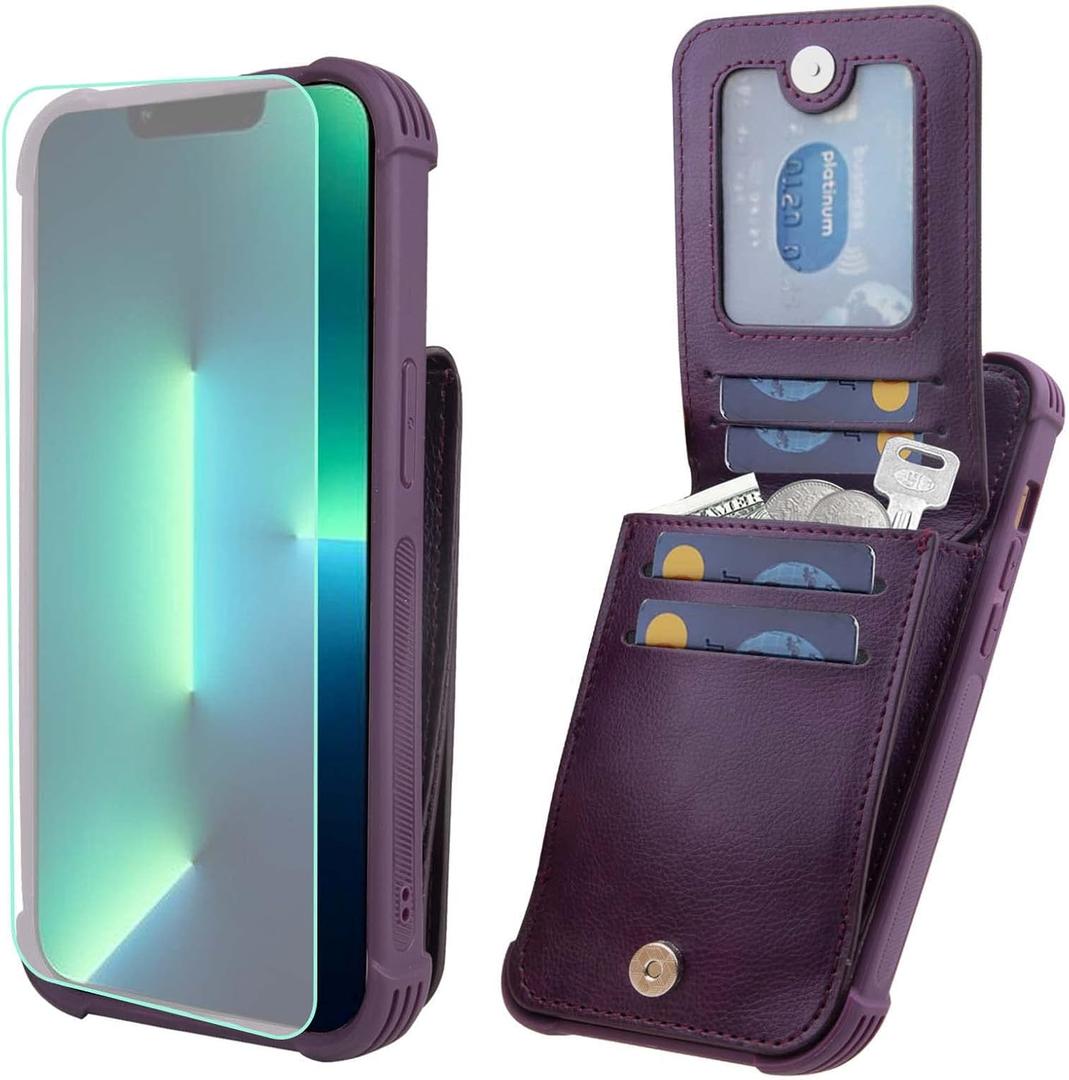 VANAVAGY Compatible for iPhone 13 Pro Max Wallet Case for Women Men, PU Leather Magnetic Clasp Flip Phone Cover with RFID Blocking Card Holder Coin Pocket Screen Protector,Purple