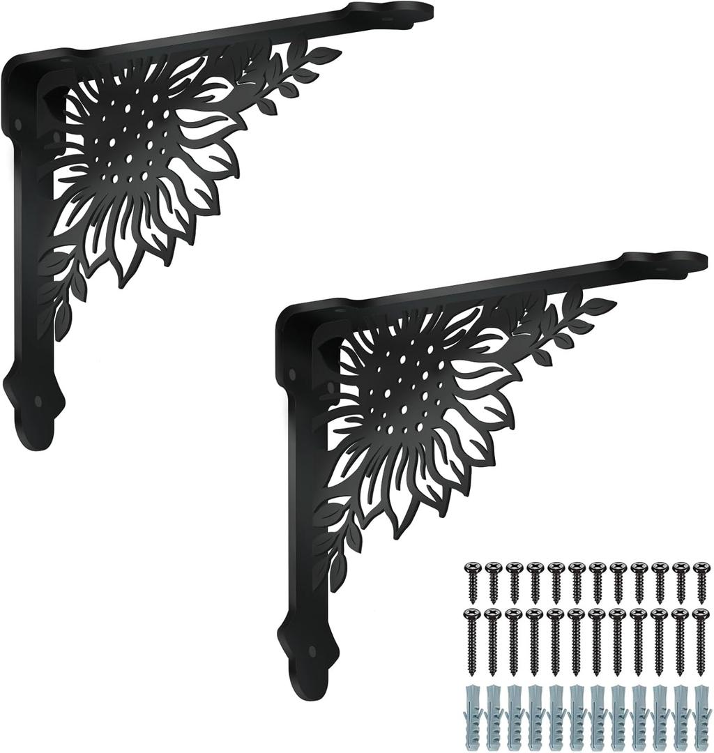 SUPERDANT 2 Pack Shelves Brackets Sunflower Heavy Duty Metal Shelf Decorative Wall Shelf Black Iron Shelving Bracket for Kitchen Bookshelf Fireplace Mantel Corbels Corner Brace Gifts 8.3x6.8in