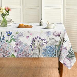 Horaldaily Spring Tablecloth 58*80 Inch Rectangular, Purple Spring Flowers Washable Seasonal Table Cover for Party Picnic Dinner Decor