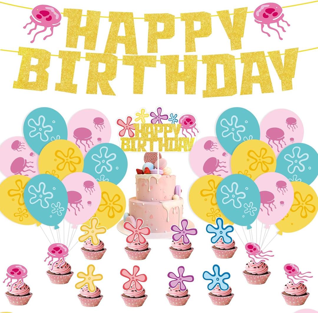 32pcs Ocean Themed Birthday Party Decorations  Cute Sea Creature Banner, Balloons,Cake Cupcake Toppers  Under the Sea Party Supplies for Kids Birthday, Baby Shower