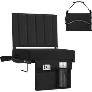 Stadium Seat for Bleachers with Back Support, Portable Bleacher Seat with Wide Comfy Padded Cushion, Metal Hook, Folding Stadium Chair with Shoulder Strap, Carry Handle, Cup Holder (Black)