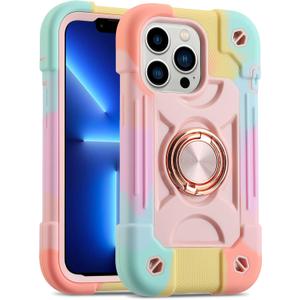 MARKILL Compatible with iPhone 13 Pro Max Case 6.7 Inch with Ring Stand, Heavy-Duty Military Grade Shockproof Phone Cover with Magnetic Car Mount for iPhone 13 Pro Max. (Rainbow Pink)