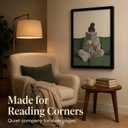 Framed Trendy Women Reading Book Wall Art Quiet Moment on The Sofa Art Prints Green Striped Painting Picture Modern Women's Minimalist Pictures Artwork for Living Room Bedroom Home office Wall Decor, 16"L x 12"W