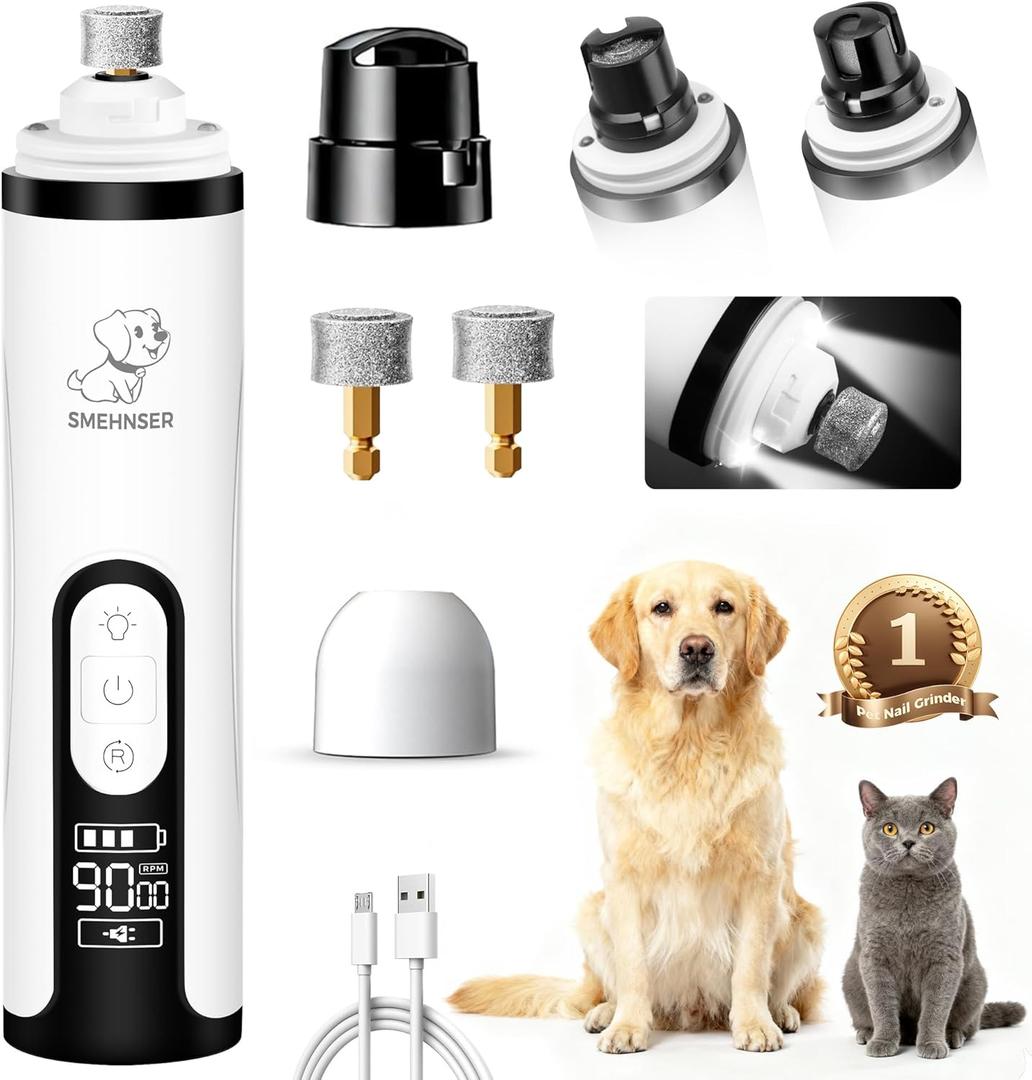 Upgraded Silent Dog Nail Grinder, Cordless Grooming Pro Nail Grinder with 3 Adjustable Speeds & Led Light, Painless Paws Grooming for Small Medium Large Dogs & Cats (2 Replacement Heads) (White)