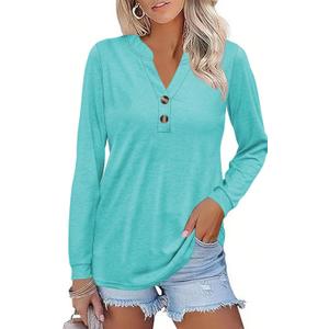 Women Button Down Henley Shirts V Neck Long Sleeve Fashion Dressy Casual Tops Trendy Blouses Loose Fit Tunic (Blue, XL)
