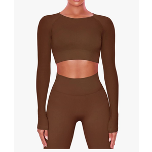 Buttergene Women Workout Sets 2 Pieces Long Sleeve Yoga Outfits Gym Clothes Seamless Ribbed Crop Top High Waist Leggings, M