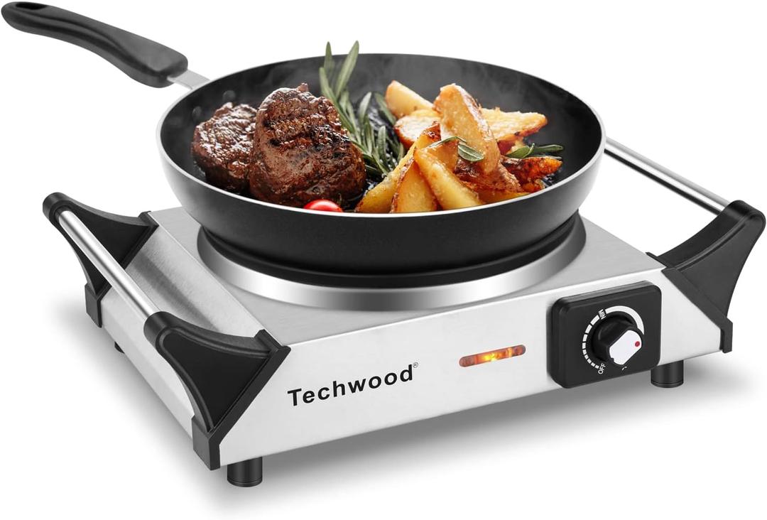 Techwood Hot Plate for Cooking, 1500W Electric Stove Countertop Single Burner with Adjustable Temperature & Stay Cool Handles, 7.5 Cooktop for Home/RV/Camp, Compatible for All Cookwares, Silver