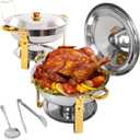 2-Pack Round Chafing Dishes for Buffet, 5QT Stainless Steel Buffet Chafing Set for Catering, Parties & Events (Half-golden)
