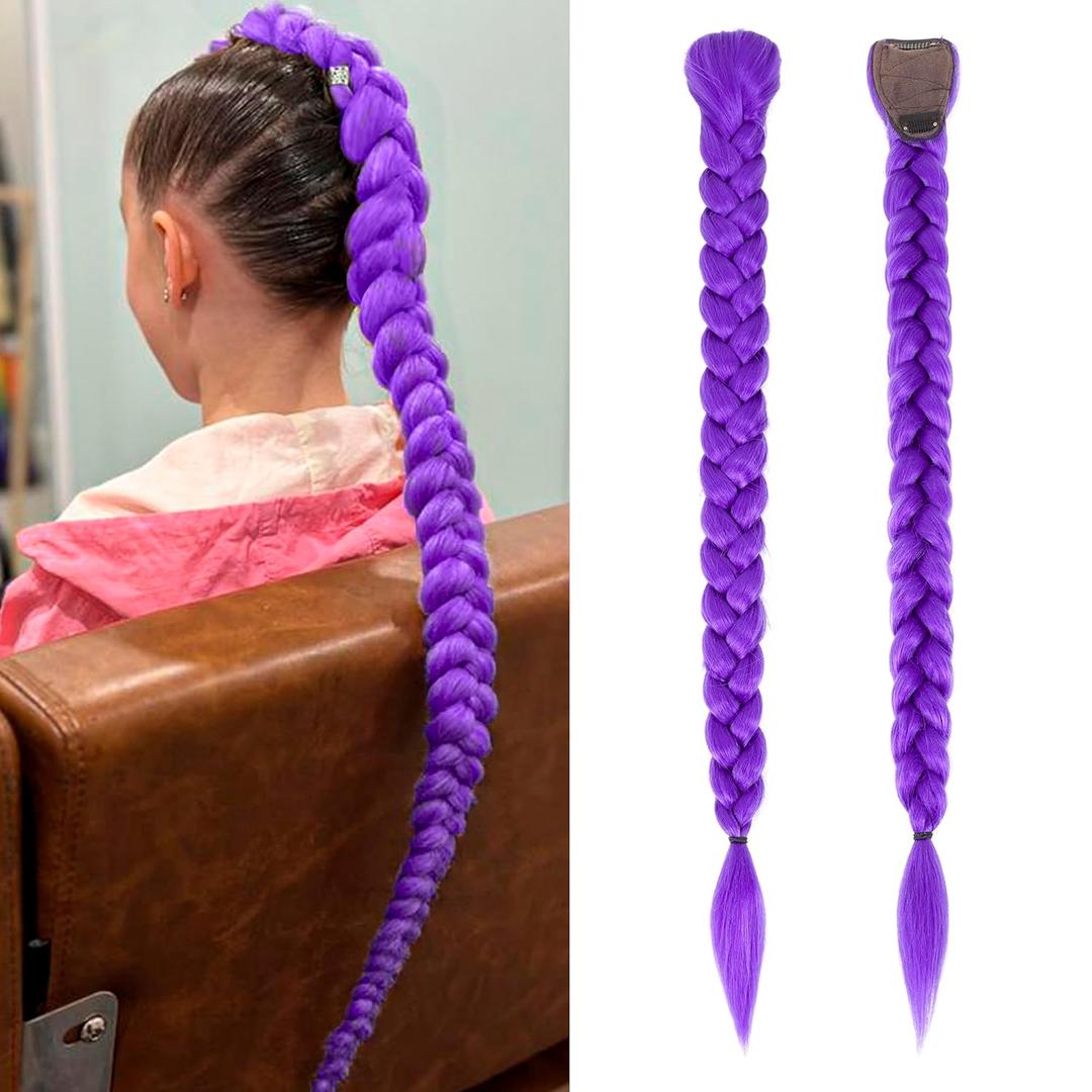 Long Purple Braids Cosplay Hair Extensions 26 Inch Synthetic Box Braiding Hair Easy Clip in Ponytail for Cosplay Halloween Costume