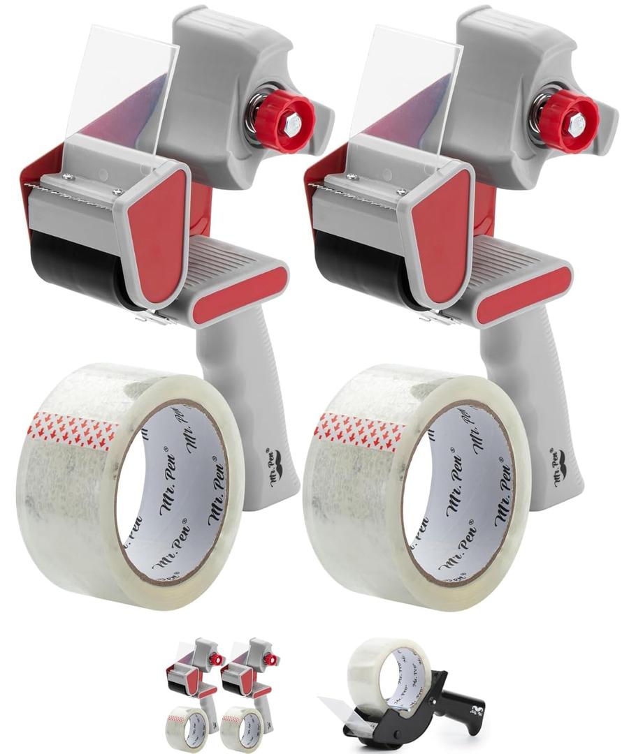 Mr. Pen - Heavy Duty Packing Tape Dispenser Gun 2-Inch, 2 Pack with 2 Rolls, Clear Packaging Tape for Moving and Boxes (Red)