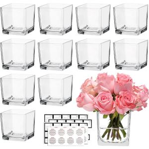 CONNOO 12 Pack Square Glass Vase 3" x 3" x 3", Clear Bulk Flower Vases for Centerpieces, Square Glass Cube Vase Floating Candle Holders for Wedding Party Home Decor