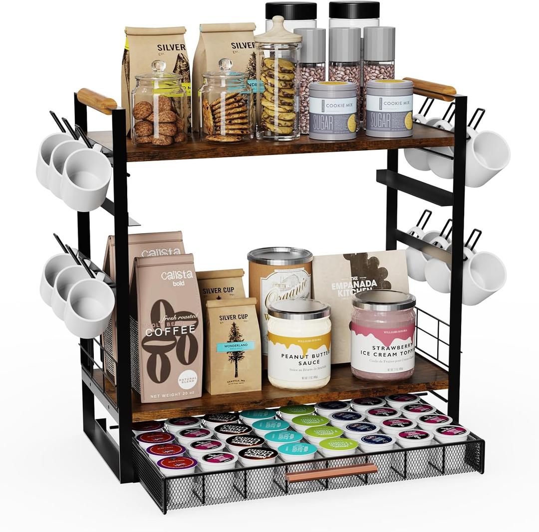 Coffee Bar Station Organizer for Countertop - 32 Pod for K Cup Holder with Drawer and 12 Mug Holder, 3 Tier Coffee Bar Accessories (Black, 3-Tier with 1 drawer)