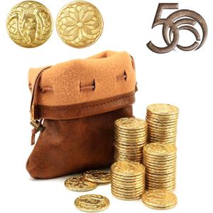 50 PCS Gold Coins & PU Leather Bag, DND Metal Coins, Fantasy Coins Treasure for Board Games, Fake Coins As Game Tokens for Dungeons & Dragons, Tabletop TTRPG Games Medieval Retro Accessories Addons