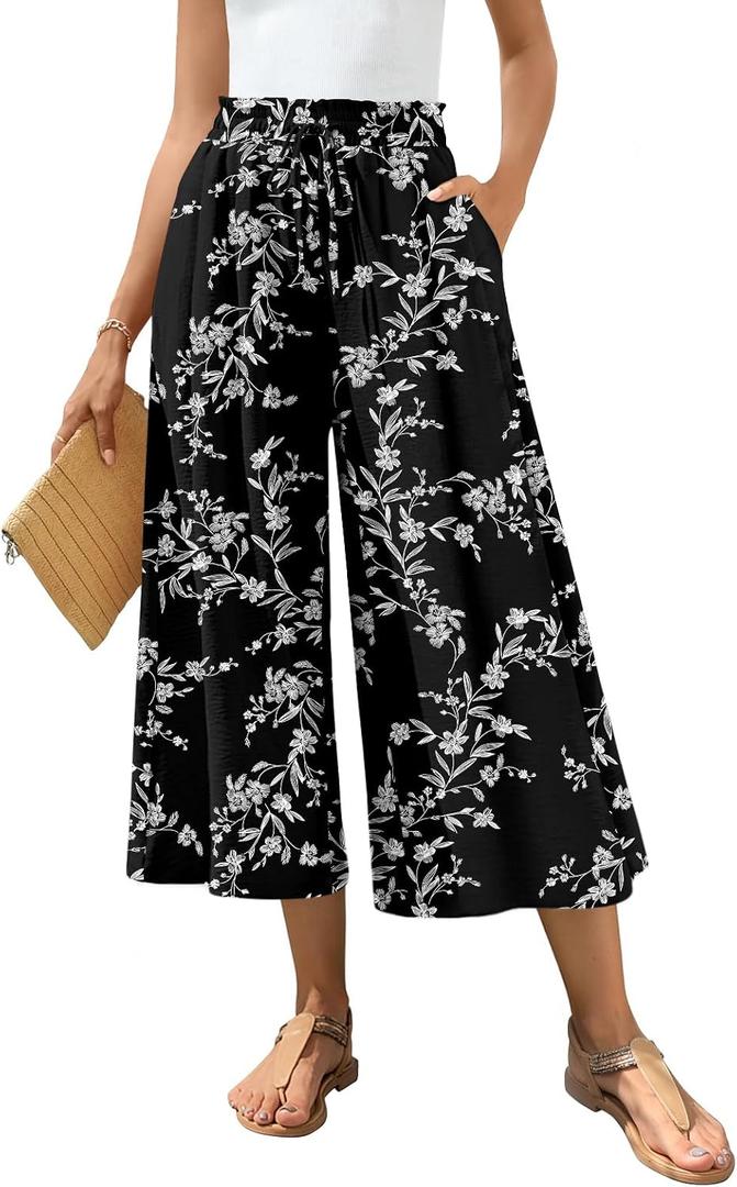 Bestbee Womens Capri Palazzo Pants Dressy Casual Wide Leg Pant Gaucho Capris with Pockets (Black, L)