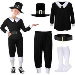 Patelai 5 Pcs Thanksgiving Day Pilgrim Boy Costume Shirt Trousers Cap Socks Belt Children Colonial Pilgrim Outfit Cosplay (Child's Large)