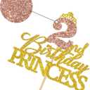 2 x 2nd Birthday Princess Cake Topper, Princess Cake Decor for Girls' 2nd Birthday, Crown Sign Cake Picks for Fairy Tale Theme Two Years Party Favors Decor