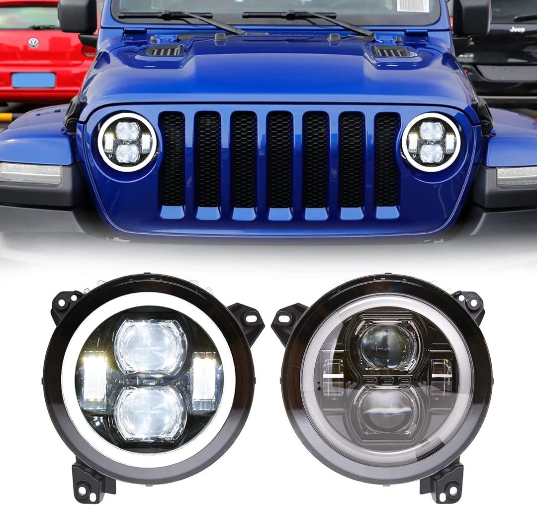 Tykick 9 Inch LED Headlights Round for Jeep Wrangler JL 2018 2019 2020 2021 2022 2023 2024 2025 Headlights Assembly With White Round Halo Daytime Running Lights,With Angle Adjustment Screw, 2 Packs