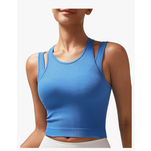 RUNNING GIRL Sports Bras for Women High Impact Seamless Ribbed Longline High Neck Workout Crop Tank Tops Padded, Size M