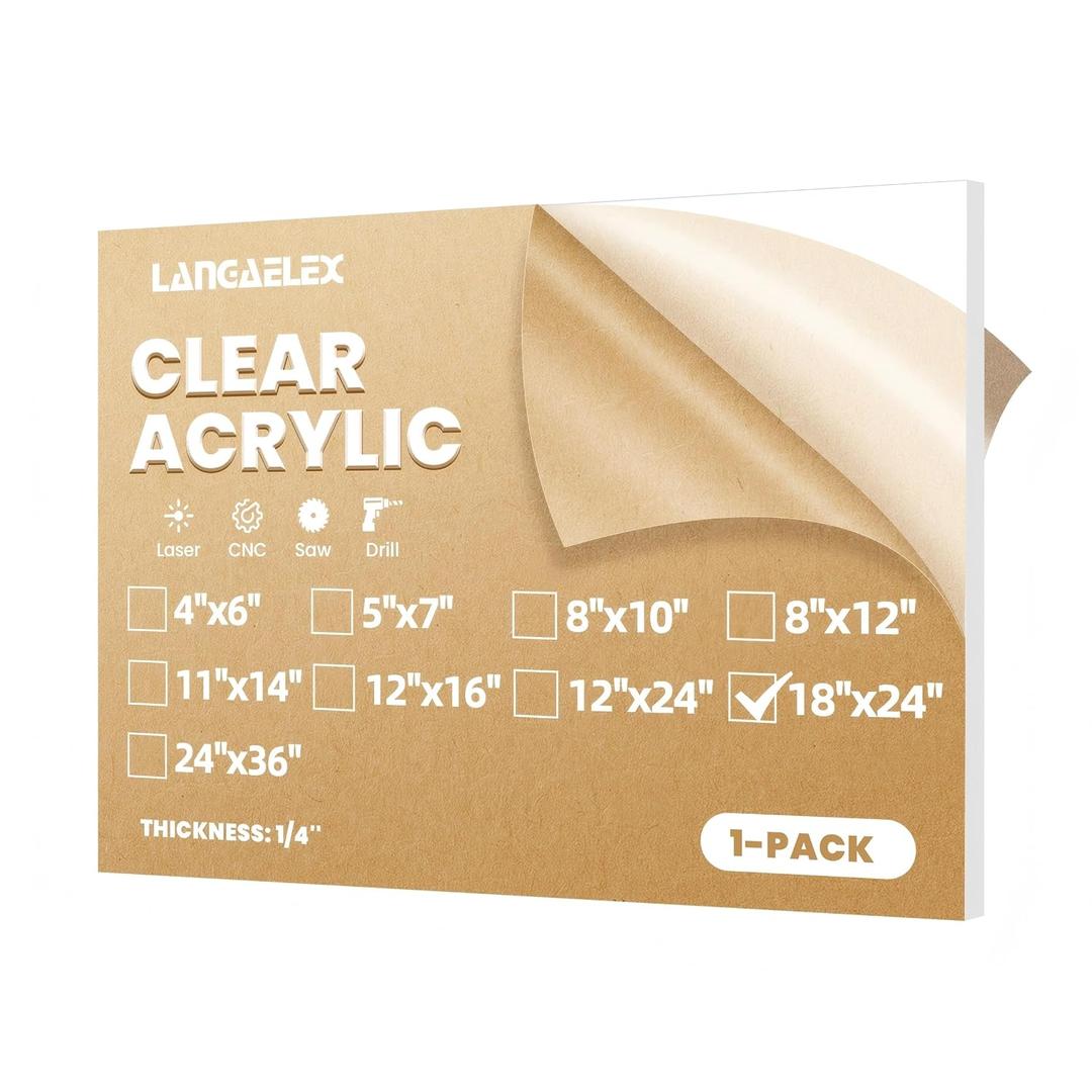 Plexiglass Sheets 1/4" (6mm) Thick - 1 Pack of 18x24 Clear Cast Acrylic Sheets for Laser Cutting, Signs, Glass Replacement, DIY and Crafts Project