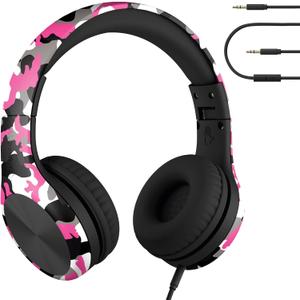 LilGadgets Connect+ Pro Wired Kids Headphones for School with Microphone, Volume Limiting Over-Ear Headset with Cord, SharePort Technology & SoftTouch Padding, Pink Camo (Printed)