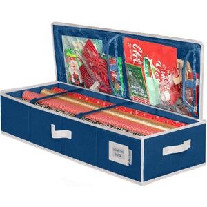 HOLDN STORAGE Premium Wrapping Paper Storage Container - Durable 600D Tear-Proof, Fits 27 Rolls Gift Wrap, Extra Pockets for Ribbons & Bows, Underbed Storage - Ideal for Holiday Christmas, Blue