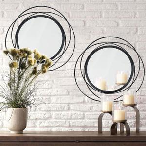 2 Set 15.7'' Black Circle Mirrors Wall Decor Iron Frame Wall Art Round Mirror Home Decor Hanging for Living Room/Bedroom/Bathroom/Entryway (Medium Size 15.7 inch,Circles)