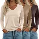 Ficerd 3 Pack Women's Long Sleeve T Shirts, V Neck Basic Tops Fall Casual Trendy Tees Loose Fit Soft Clothes Outfits (X-Large, Brown, Khaki, Apricot)
