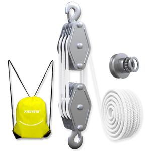 Block and Tackle Pulley System, 2200 LBS Breaking Strength Pulley System for Lifting Heavy Objects, 50 Feet Rope Hoist, 5:1 Lifting Power, Heavy-Duty Pulley Hoist (White-3 Pulleys)