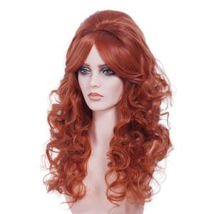 22 Inches Retro Beehive Ginger Wigs for Women Long Wavy Copper Red Wig with Bangs Synthetic Natural Auburn Wig for 60s 70s 80s Cosplay,Halloween,Daily Use
