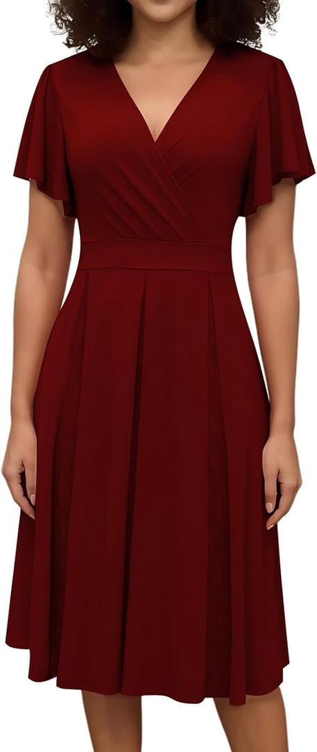 Womens Burgundy Cocktail Prom Dresses 2025 Summer Sexy V Neck Lace Maternity Clothes Formal Wrap Wedding Guest Bridesmaid Midi Dress,Large