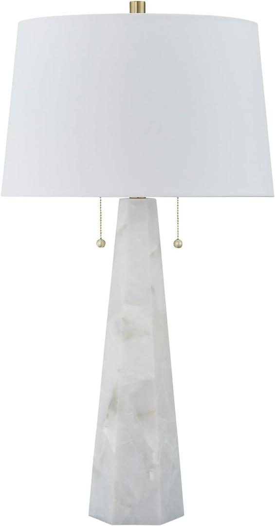 Signature Design by Ashley Laurellen Contemporary Table Lamp with 2 Sockets and Pull Chain Switch, Fabric Shade, Resin and Alabaster, 23.25" High, White