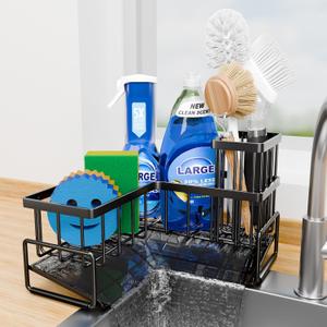 Fikoksol Large Sponge Holder for Kitchen Sink, 90-Degree Sink Caddy Organizer with Dish Brush Holder for Countertop Corner Storage Rack, Metal L-Shaped Kitchen Sink Sponge Soap Organizer Storage Ideas