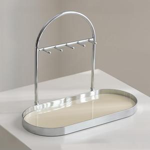 Shinpuru Metal Jewelry Organizer Stand & Key Holder Tray with Acrylic Base, Key Stand and Jewelry Tray with 5 Hooks, Perfect Key Bowl, Valet Key Tray, Ring Holder, Jewelry Dish (Silver Creamy)