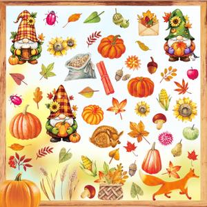 Aurlan Fall Gnomes Window Clings, Pumpkin Maple Leaf Wall Decals, Autumn Thanksgiving Window Clings, Fall Leaves Wall Stickers, Autumn Sunflowers Fruit Animals Stickers for Home Living Room School Office