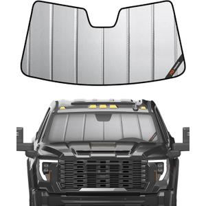 Windshield Sun Shade for Chevy Silverado & GMC Sierra 1500/2500/3500 2019-2026 (WT, Custom, Pro Trims) - Fits All Trims 2019-2021, Non-HUD Models Only, Premium Grey Leather Finish