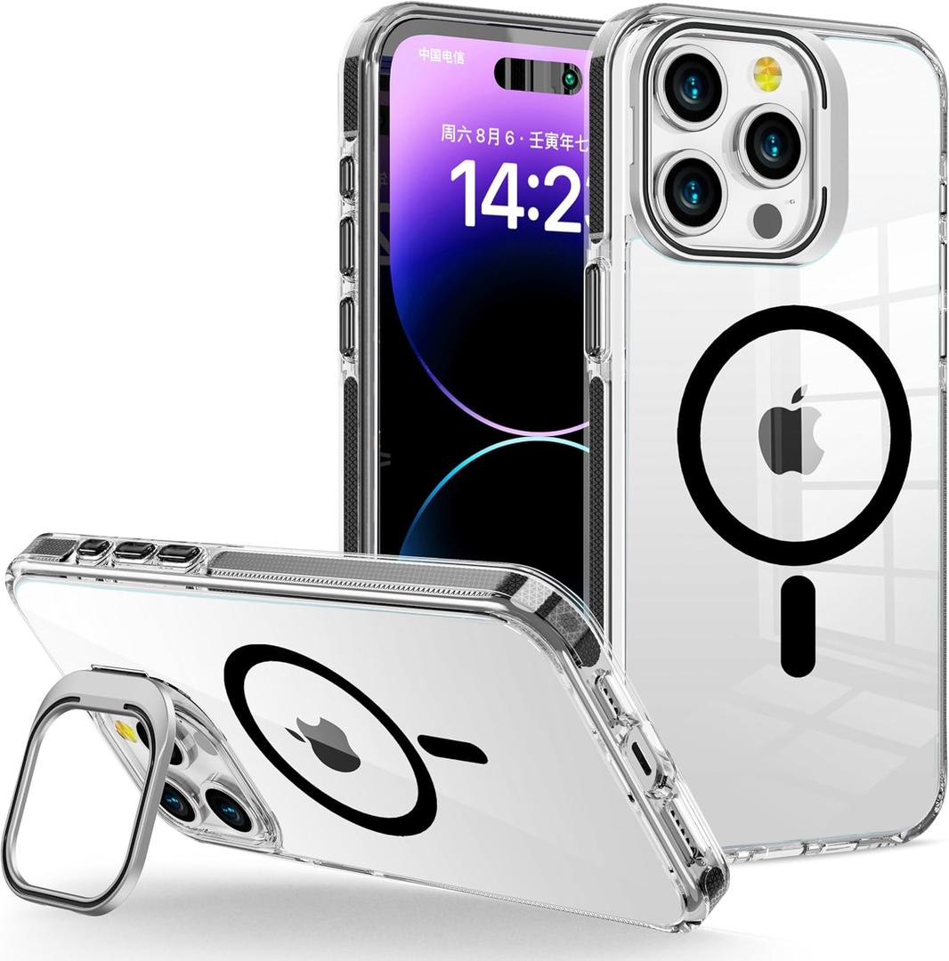 Kiresen for iPhone 12 Pro Max Case Clear with Kickstand and Screen Protector - Wireless Charging Compatible, 21ft Military-Grade Drop Tested,Shockproof Slim Fit Magnetic Crystal Cover - Black