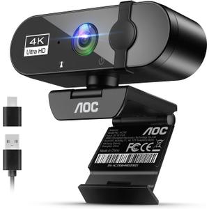 AOC 4k Webcam for PC with Microphone, Computer Camera with Noise Cancellation, Privacy Cover, 99 FOV, Plug & Play USB Webcam for Streaming, Conferencing, Zoom, Skype, Facetime, Laptop, PC, Skype (Black)