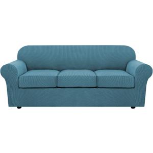 H.VERSAILTEX 4 Piece Stretch Sofa Covers for 3 Cushion Couch Covers for Living Room Furniture Slipcovers (Base Cover Plus 3 Seat Cushion Covers) Upgraded Thicker Jacquard Fabric (Sofa, Storm Blue) (Large)