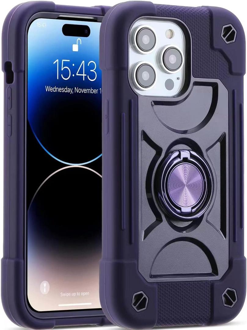MARKILL Compatible with iPhone 14 Pro Case 6.1 Inch with Built-in Ring Stand, Military Grade Drop Protection Full Body Rugged Heavy Duty Case 3 in 1 Protective Durable Cover. (Deep Purple)