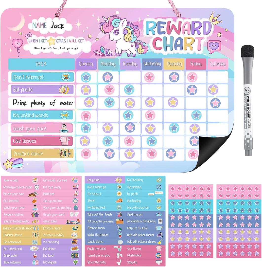Reward Chart for Kids, Unicorn Design Magnetic Behavior Chart for Kids at Home with 52 Chore Charts, 120 Magnetic Star Stickers Dry Erase Responsibility Chart for Toddlers Potty Training