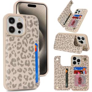 iCoverCase Compatible with iPhone 15 Pro Max Wallet Phone Case with Card Holder for Women Men, [RFID Blocking] Card Slots PU Leather Protective Wallet Case 6.7 Inch (Beige Leopard)
